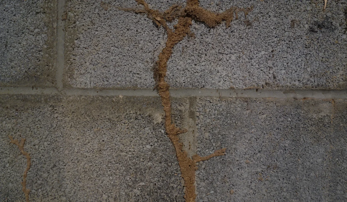 Termite mud tubes on a concrete wall